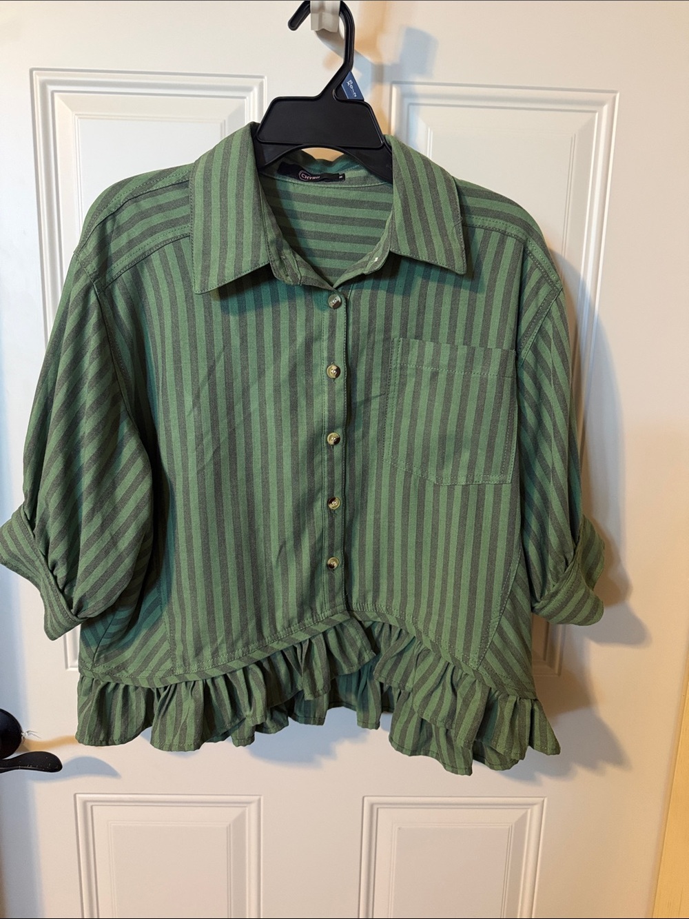 Women’s Button-Front Ruffle Hem Shirt - Green Stripe